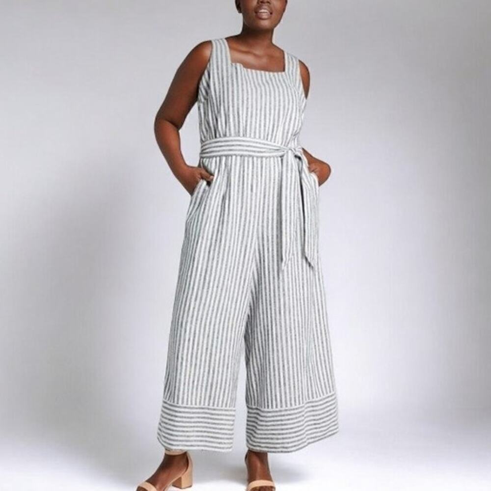 Lane Bryant Stripped Linen Blend Belted Wide Leg Cropped Sleeveless Romper (28)